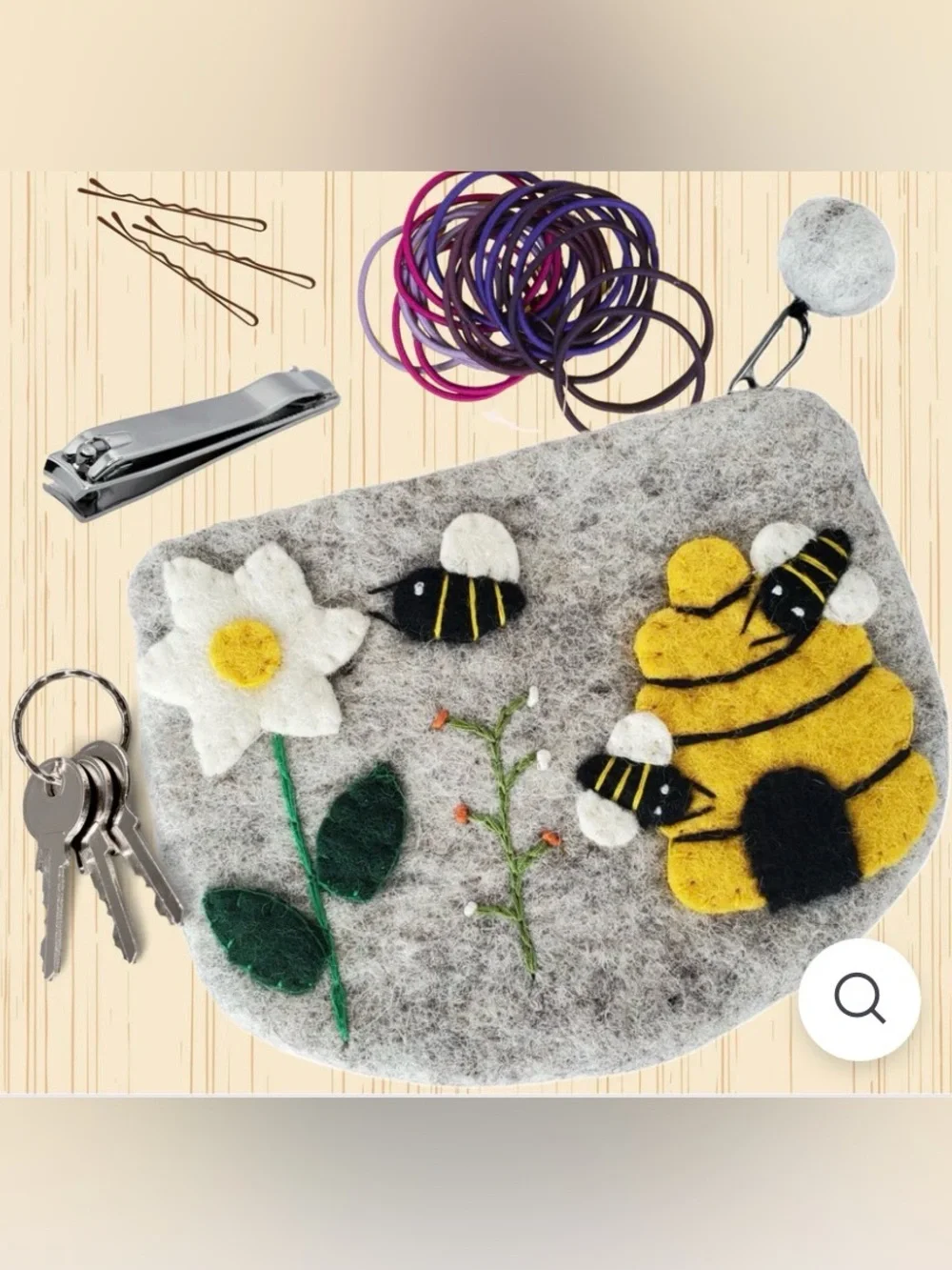 Honey House Handcrafted Grey Felt Kids Pouch with Bee & Beehive Design